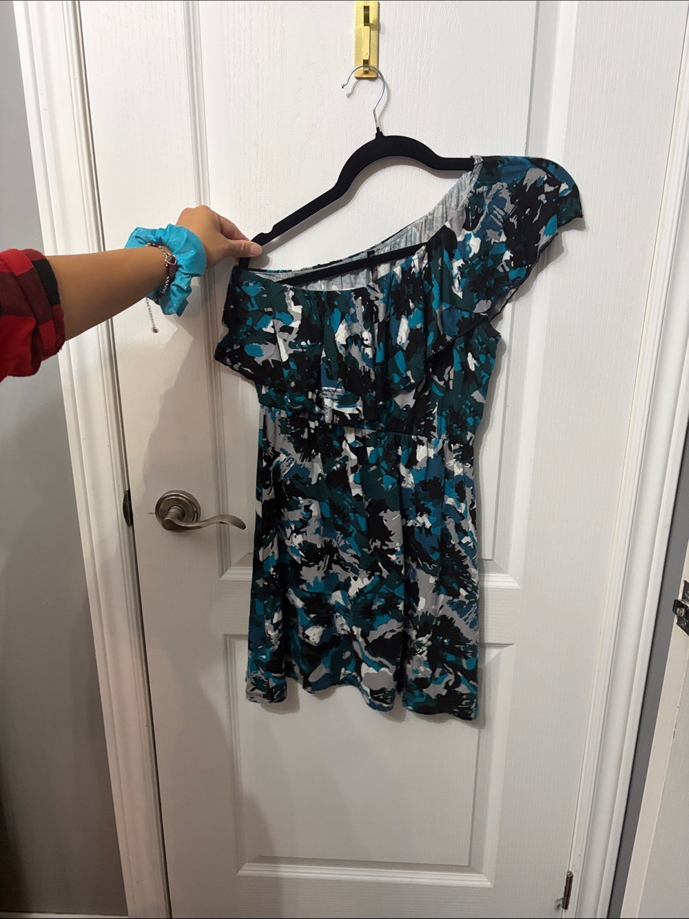 Baila One-Shoulder Ruffle Dress in Teal Camo